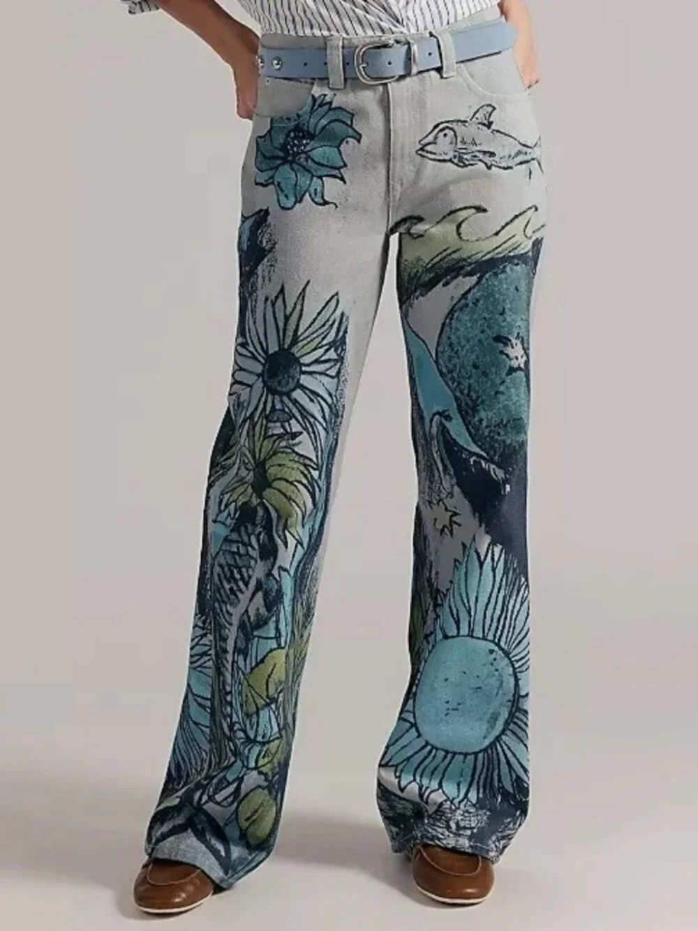 NWT Free People Tinsley Printed Straight Leg Jeans in Seashore Combo - Picture 2 of 10